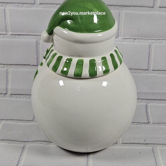 Snowman Cookie Jar Green and White w/Snowflake Scarf With Rubber Stopper 11"X6W. - Picture 2 of 13